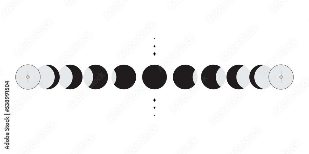 Sticker moon phases scheme sphere shadow cycle astronomy icon set. vector illustration background