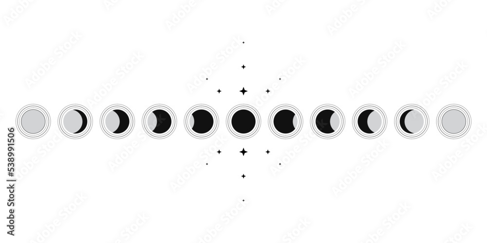 Sticker moon phases scheme sphere shadow cycle astronomy icon set. vector illustration background