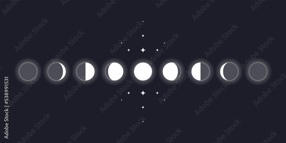 Sticker moon phases scheme sphere shadow cycle astronomy icon set. vector illustration background