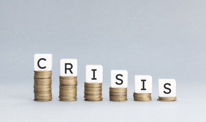 Economic crisis concept. Pile of coins forming a descending graph with blocks on top with text Crisis. Copy space