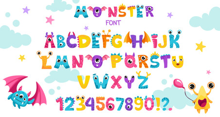 Monster alphabet. Set of cute and kawaii letters, numbers and characters for baby invitation design, poster, banner or birthday card. Cute monster font for children party design. Vector Illustration. © Foxelle