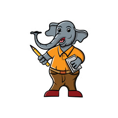 Cartoon Cute Elephant Illustration Design Holding Pen And Tablet