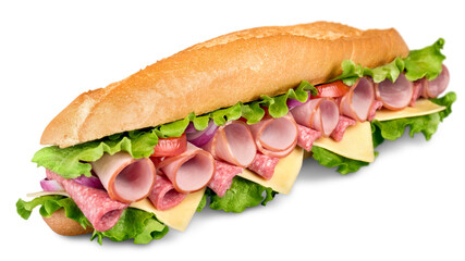 Footlong ham & swiss submarine sandwich isolated on white
