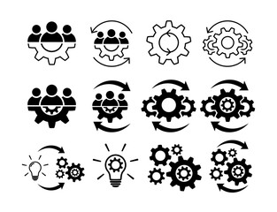 Teamwork process icon set. Team and gear symbols isolated on white. Leadership and creative signs in flat Line and fill icons Group of people symbol Teamwork abstract icon in black Vector illustration