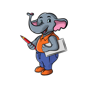 Cartoon Elephant Illustration Design Holding Pen And Tablet