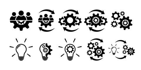Teamwork and creative line icon set. Team and gear symbols isolated on white. Leadership and process signs in flat style. Group of people symbol. Teamwork abstract icon in black Vector illustration