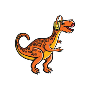 Cute Dino Cartoon Illustration Design Wearing Headset