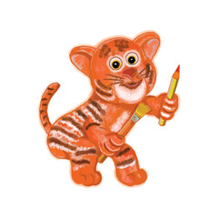 Watercolor Cute Tiger Cartoon Illustration Design Holding Pencil And Brush
