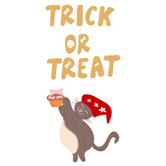 Halloween trick or treat cartoon poster. Vector illustration isolated on white.