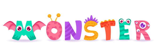 Kids Cartoon Monster Lettering, typography design, alphabet for poster, banner, card, invitation. Cute Vector Illustration