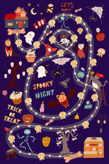 Halloween cartoon map vertical for kids game. Graphic design for posters, carpet, children's room. Vector illustration.