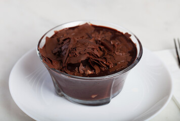 Profiteroles Chocolate Pudding in a Glass Bowl 