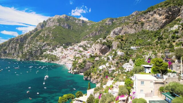 Amazing aerial view of beautiful Amalfi Coast in summer season, Italy. Drone viewpoint