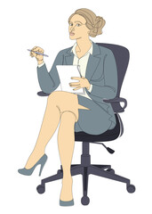 Silhouette of a girl in a modern single line style. A woman sits on an office chair, writes in a notebook. Continuous line, outline, posters, wall art, stickers, logo. Vector illustration.
