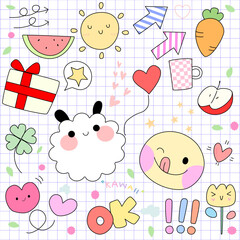 Kawaii various set fashion patch badges for sticker , postcard , invitation . vector illustration for kids