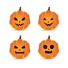 Set of spooky halloween pumpkins with smile. Orange jack-o-lantern on white background. Vector illustration.