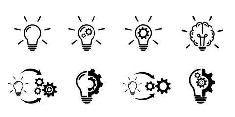 Light bulb icon set on white. Creative, innovation concept icons in flat style. Process, implementation symbols Light bulb with gear line signs Idea symbols Vector illustration for graphic design, Web