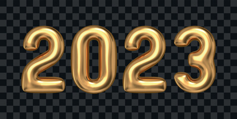 New Year 2023 text. Realistic golden 3d balloon numbers. Vector design.