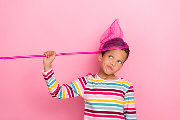 Photo of minded cute boy striped pullover look empty space creative plan idea hmm consider isolated...