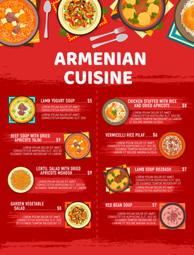 Armenian cuisine restaurant menu. Lamb yogurt and beef soup with dried apricots Yajni, vermicelli rice Pilaf, garden vegetable and Mshosh salads, chicken stuffed with rice, bean and Bozbash soups