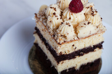 Coffee Creamy Chocolate Cake on a White Plate