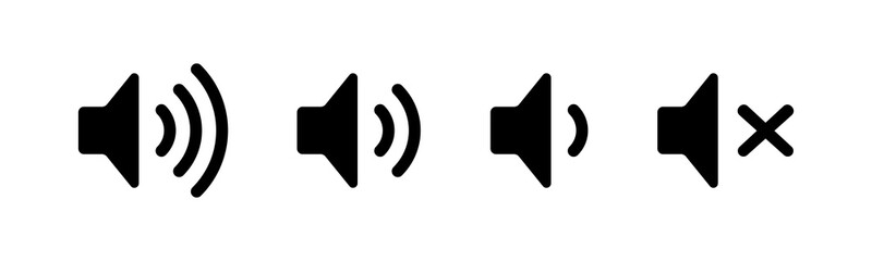 Increases and reduces sound icon set in flat style. Simple sound icons with different signal levels. Sound symbols isolated on white background. Vector illustration for graphic design, Web, UI, app