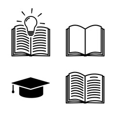Education icon set in flat style Learning symbols Open book and graduation cap icons isolated on white background Simple study icon in black Vector illustration for graphic design, Web, UI, mobile app