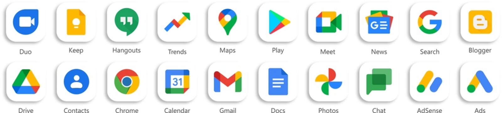 Google icons set. Google product icon on transparent background with realistic shadow. Google, Gmail, Google Pay, Calendar, Duo, Keep, Hangouts, Trends, Maps, Play, Appointments, News, Search. PNG ima