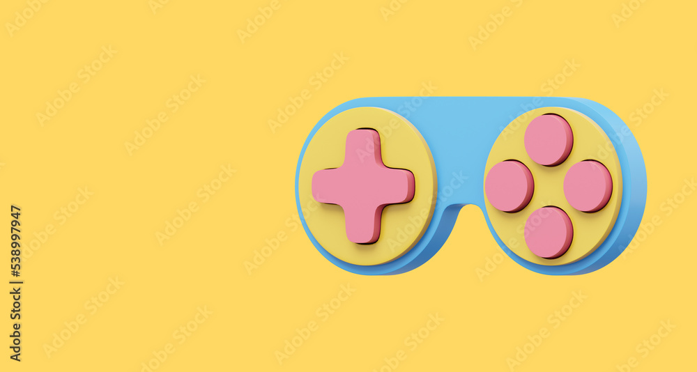 Poster minimalistic console game controller. multicolored icon on yellow background with space for text. 3d
