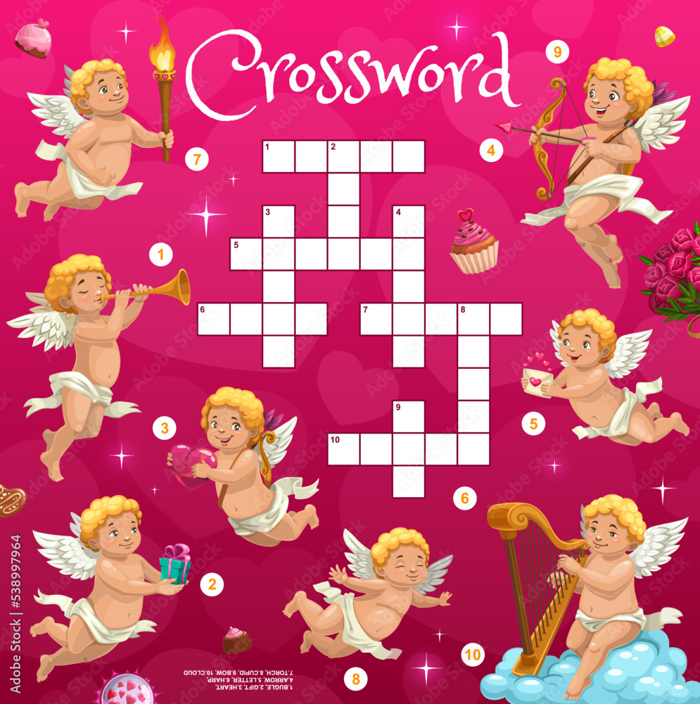 Wall mural Crossword grid, cartoon cupids of Valentine day, word quiz game or vector worksheet. Cross word puzzle game to guess the words of Valentine day cupid angels with love letter and hearts with gifts