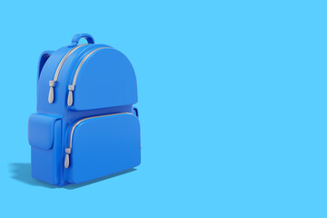 Realistic blue school city backpack on blue background with space for text. 3d rendering.