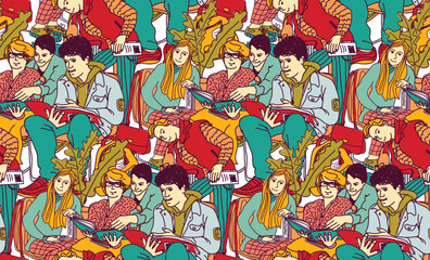 Education group students with books and textbooks seamless pattern