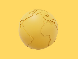 Globe Earth. Minimalist cartoon. Yellow icon on yellow background. 3D rendering.