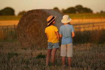 Naklejka na ściany i meble There is a bread field and hay runoff all around. Children admire the view of nature. Healthy childhood and ecologically clean nature. Childhood years.