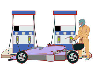sports car racer fueling up at gas station