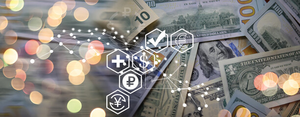 Dollars bills. Dollars background. Background of different us dollar banknotes. Finance concept.