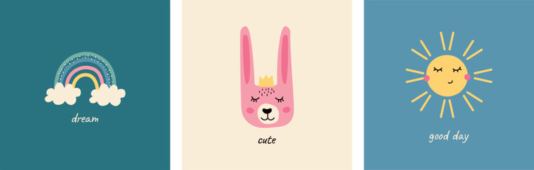 Scandinavian vector illustration with a rainbow, a cute bunny in a crown, and a sun.  Prints with inscriptions for children's clothes, cards and posters. Painting for children's room.