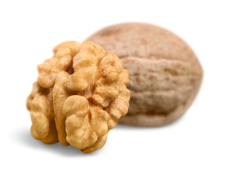 Collection of Walnut and a cracked walnut isolated on the white background