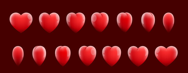 Animated red heart sequence game sprite sheet. Cartoon vector love emoji icon rotation motion frame, game asset or life health bonus turn around animation. Glossy heart front and angle spritesheet