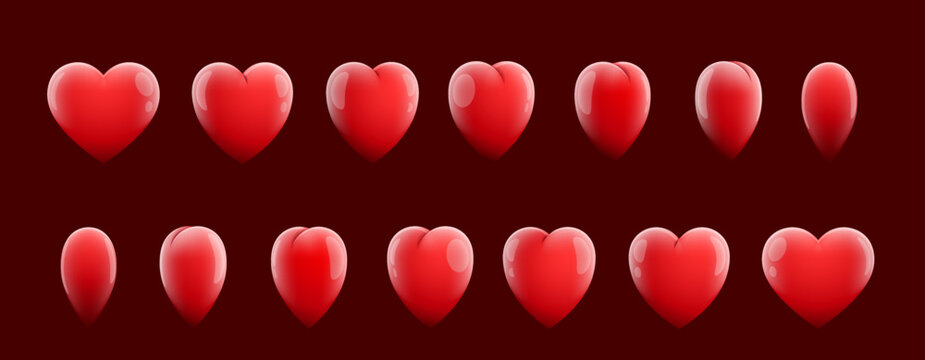 Animated Red Heart Sequence Game Sprite Sheet. Cartoon Vector Love Emoji Icon Rotation Motion Frame, Game Asset Or Life Health Bonus Turn Around Animation. Glossy Heart Front And Angle Spritesheet