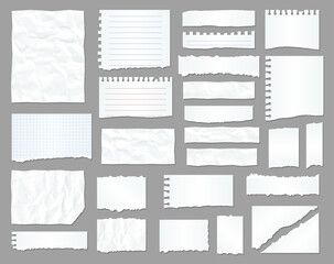 White torn paper, rip paper pieces. To do list notebook crumpled realistic vector sheet, message banner on office paper stripe with wrinkles, business schedule or notepad reminder, scrapbook sticker - obrazy, fototapety, plakaty