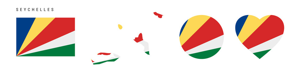 Seychelles flag icon set. Republic of Seychelles pennant in official colors and proportions. Rectangular, map-shaped, circle and heart-shaped. Flat vector illustration isolated on white.