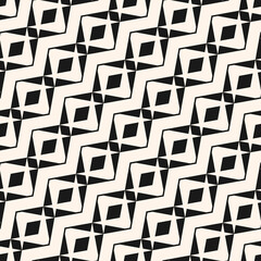 Vector seamless pattern. Monochrome ornamental background, repeat geometric tiles, diamonds, diagonal stripes, zigzag lines. Abstract black and white ornament texture. Simple modern geo design