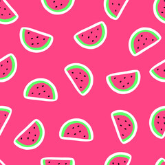 Seamless pattern with watermelon on pink background. Hand drawn watermelon slice. Fresh summer fruit background. Vector illustration