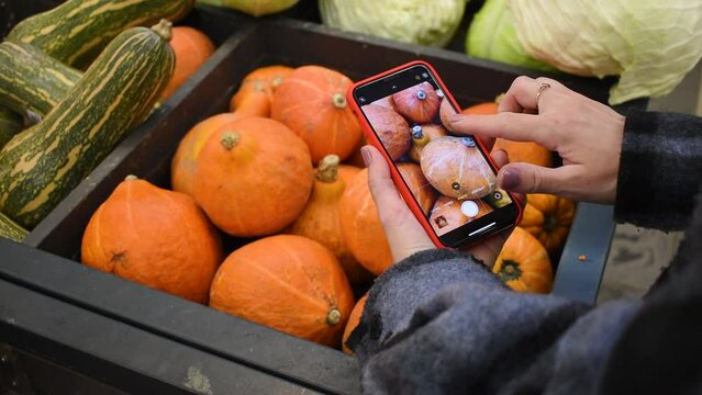 female hands photographing pumpkins on smartphone in the supermarket. girl making photo of vegetables at the store. Food blogger using mobile phone shoot in slow motion. High quality FullHD footage