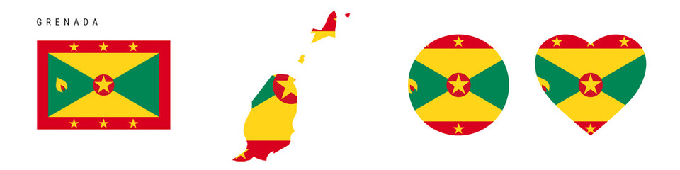 Grenada flag icon set. Grenadian pennant in official colors and proportions. Rectangular, map-shaped, circle and heart-shaped. Flat vector illustration isolated on white.