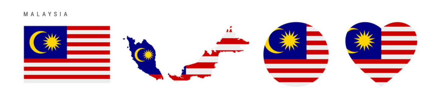 Malaysia flag icon set. Malaysian pennant in official colors and proportions. Rectangular, map-shaped, circle and heart-shaped. Flat vector illustration isolated on white.