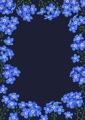 Botanical vector vertical frame. Blue forget-me-not on dark background. Realistic plants drawn by hand. Place for text. Banner template for social networking posts, postcard, poster, invitation, flyer