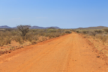 Namibian landscape along the gravel road. Oanob, Namibia.