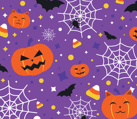 Halloween vector pattern, pumpkin and spiderweb